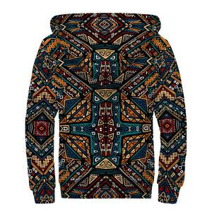 Boho Tribal Aztec Pattern Print Sherpa Lined Zip Up Hoodie