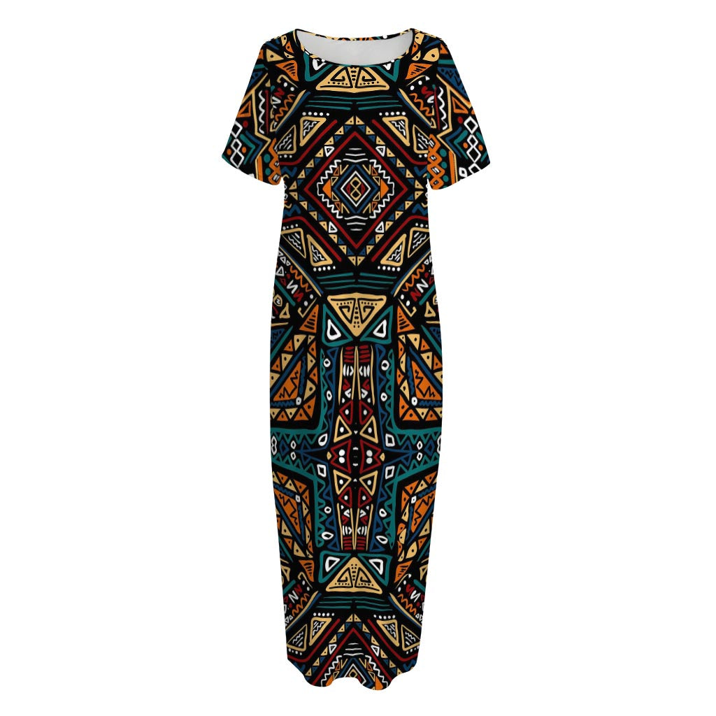 Boho Tribal Aztec Pattern Print Short Sleeve Long Nightdress