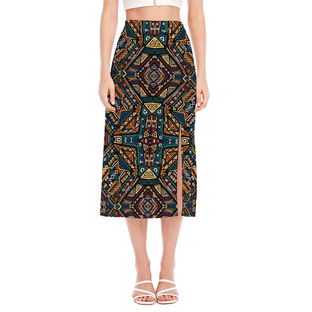 Boho Tribal Aztec Pattern Print Side Slit Midi Skirt