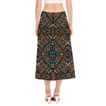 Boho Tribal Aztec Pattern Print Side Slit Midi Skirt