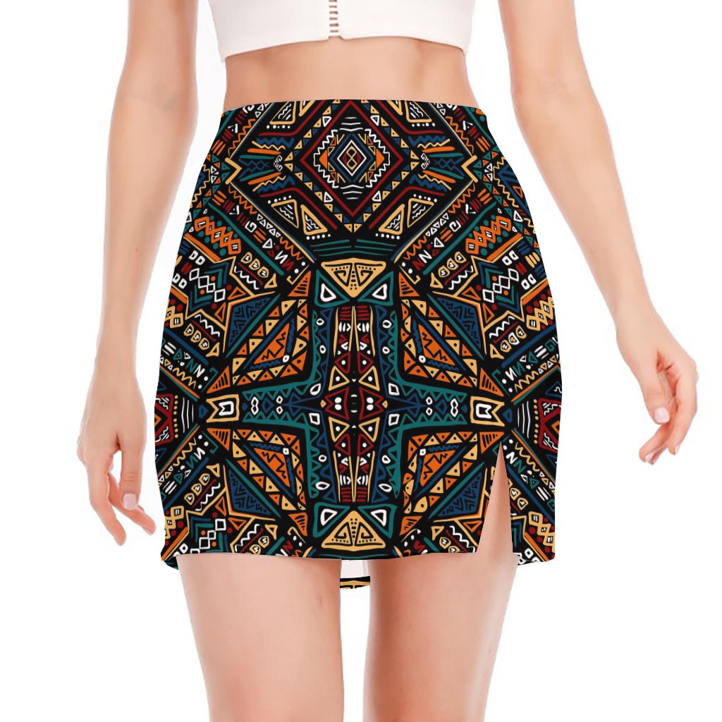 Boho Tribal Aztec Pattern Print Side Slit Mini Skirt