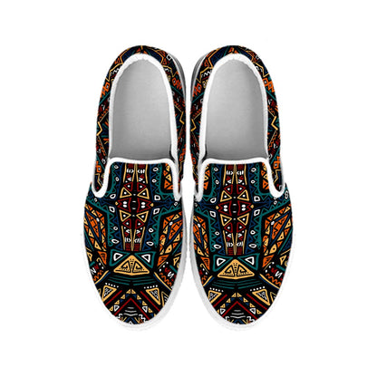 Boho Tribal Aztec Pattern Print White Slip On Sneakers