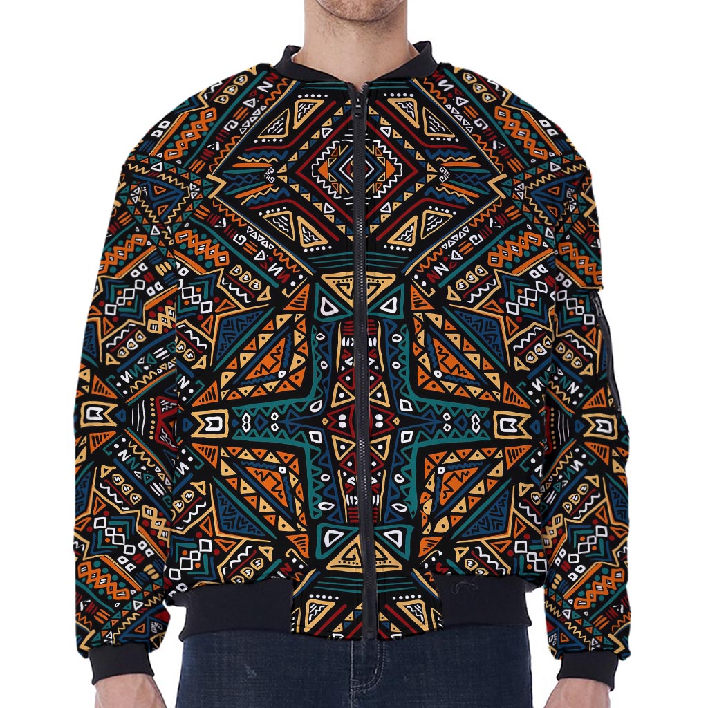 Boho Tribal Aztec Pattern Print Zip Sleeve Bomber Jacket