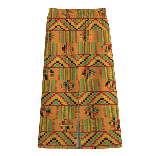 Bonwire Kente Pattern Print Cotton Front Slit Maxi Skirt
