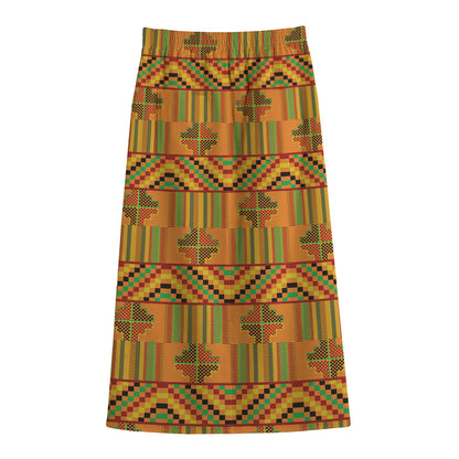 Bonwire Kente Pattern Print Cotton Front Slit Maxi Skirt