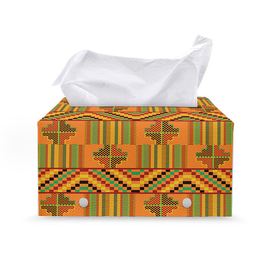 Bonwire Kente Pattern Print Leather Tissue Box Cover