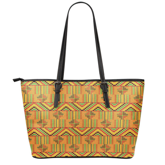 Bonwire Kente Pattern Print Leather Tote Bag