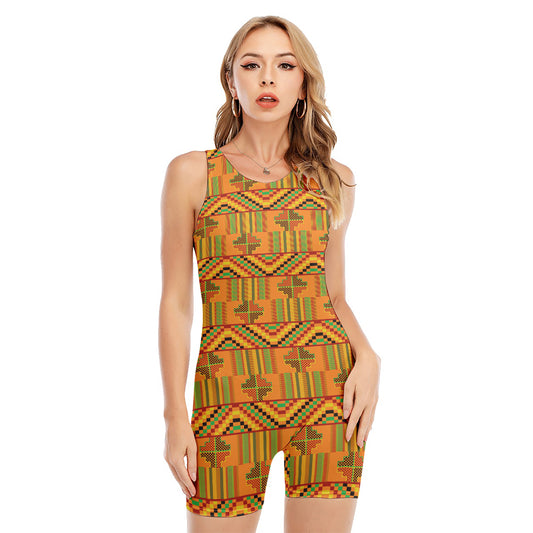Bonwire Kente Pattern Print Sleeveless One Piece Swimsuit