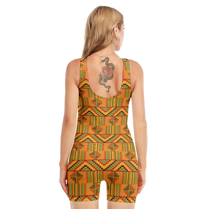 Bonwire Kente Pattern Print Sleeveless One Piece Swimsuit