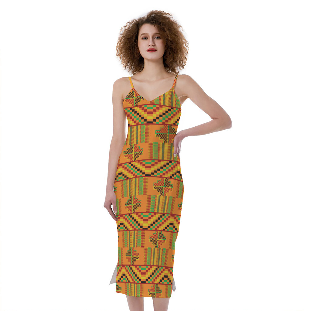 Bonwire Kente Pattern Print Slim Fit Midi Cami Dress