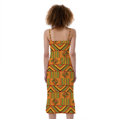 Bonwire Kente Pattern Print Slim Fit Midi Cami Dress