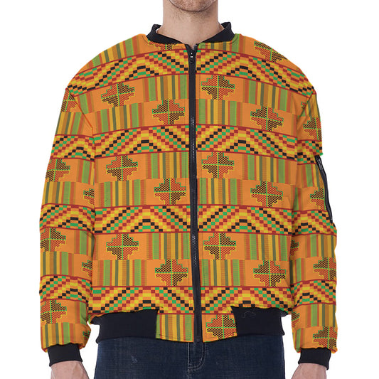 Bonwire Kente Pattern Print Zip Sleeve Bomber Jacket