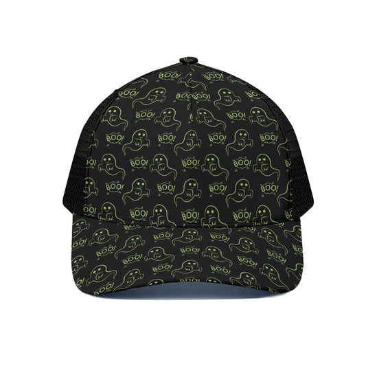 Boo Ghost Pattern Print Black Mesh Trucker Cap