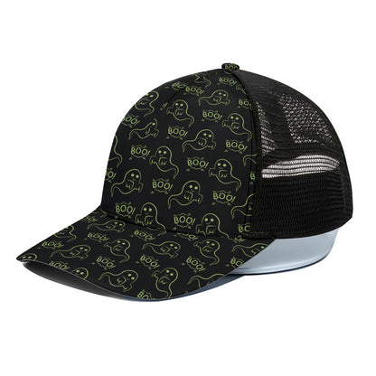 Boo Ghost Pattern Print Black Mesh Trucker Cap