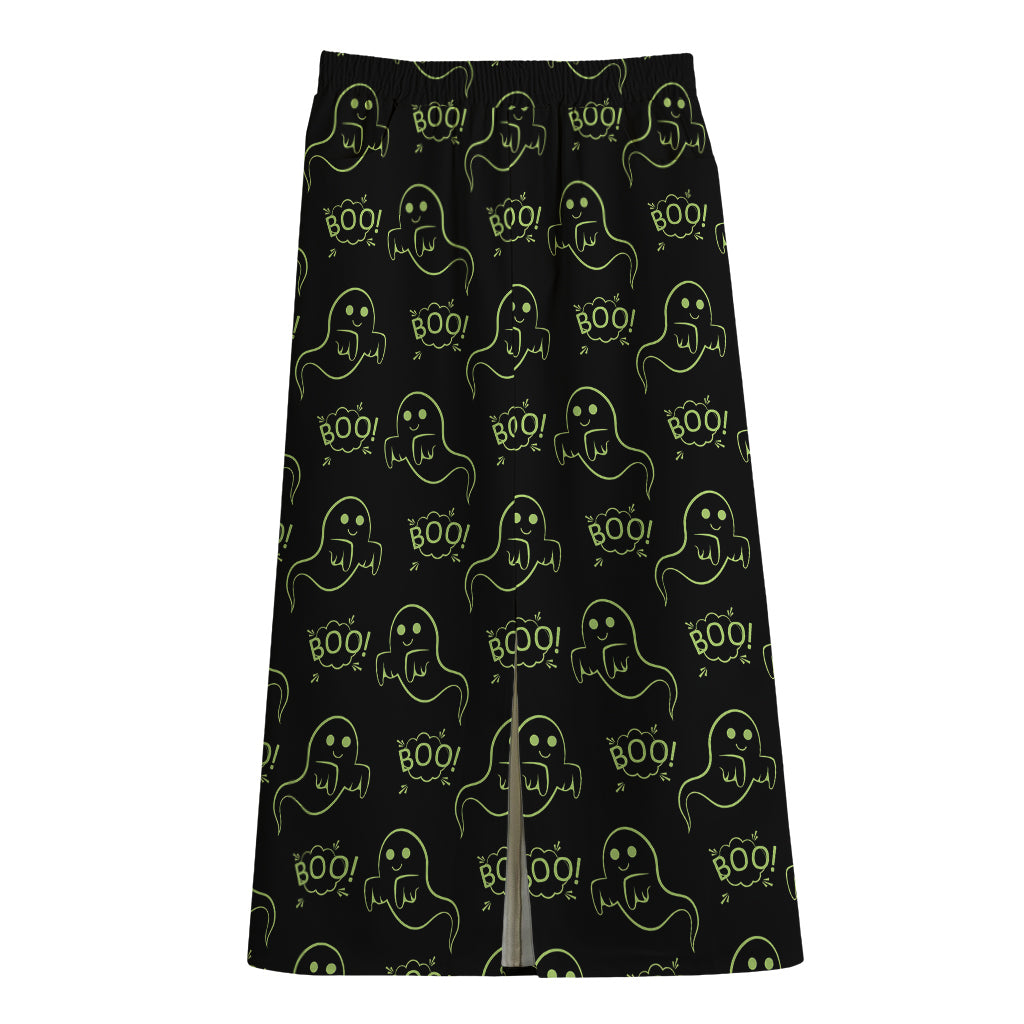 Boo Ghost Pattern Print Cotton Front Slit Maxi Skirt