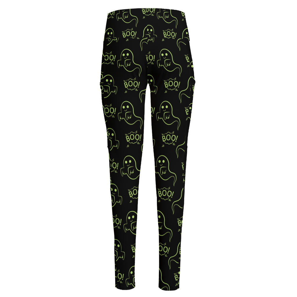 Boo Ghost Pattern Print High-Waisted Pocket Leggings