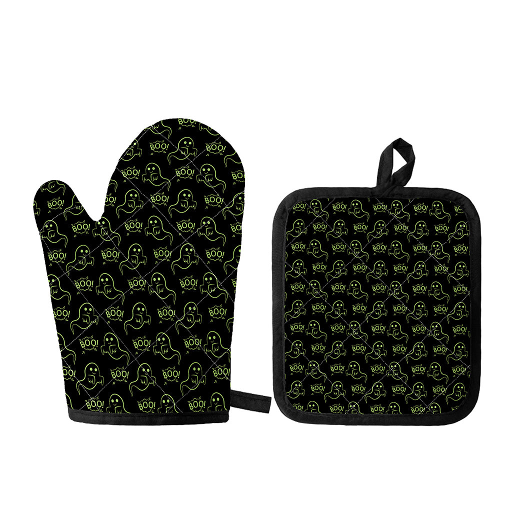 Boo Ghost Pattern Print Oven Mitt And Pot Holder Set