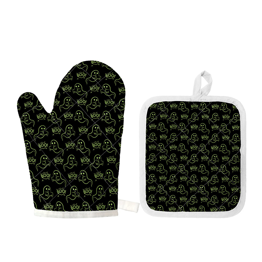 Boo Ghost Pattern Print Oven Mitt And Pot Holder Set