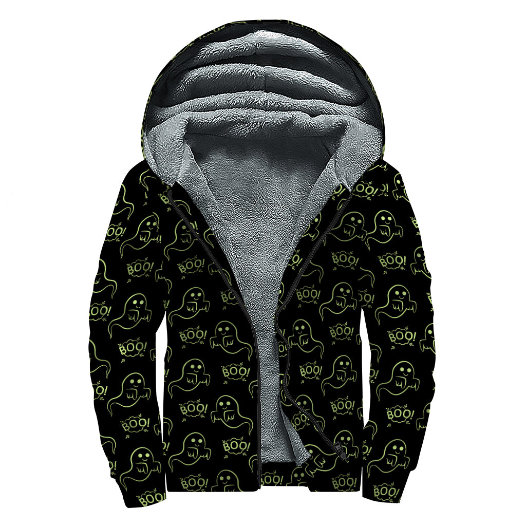 Boo Ghost Pattern Print Sherpa Lined Zip Up Hoodie