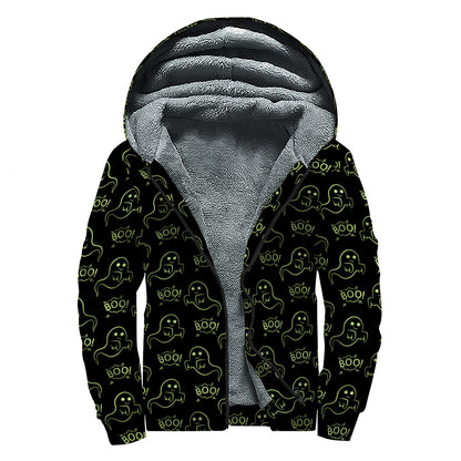Boo Ghost Pattern Print Sherpa Lined Zip Up Hoodie
