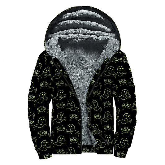 Boo Ghost Pattern Print Sherpa Lined Zip Up Hoodie