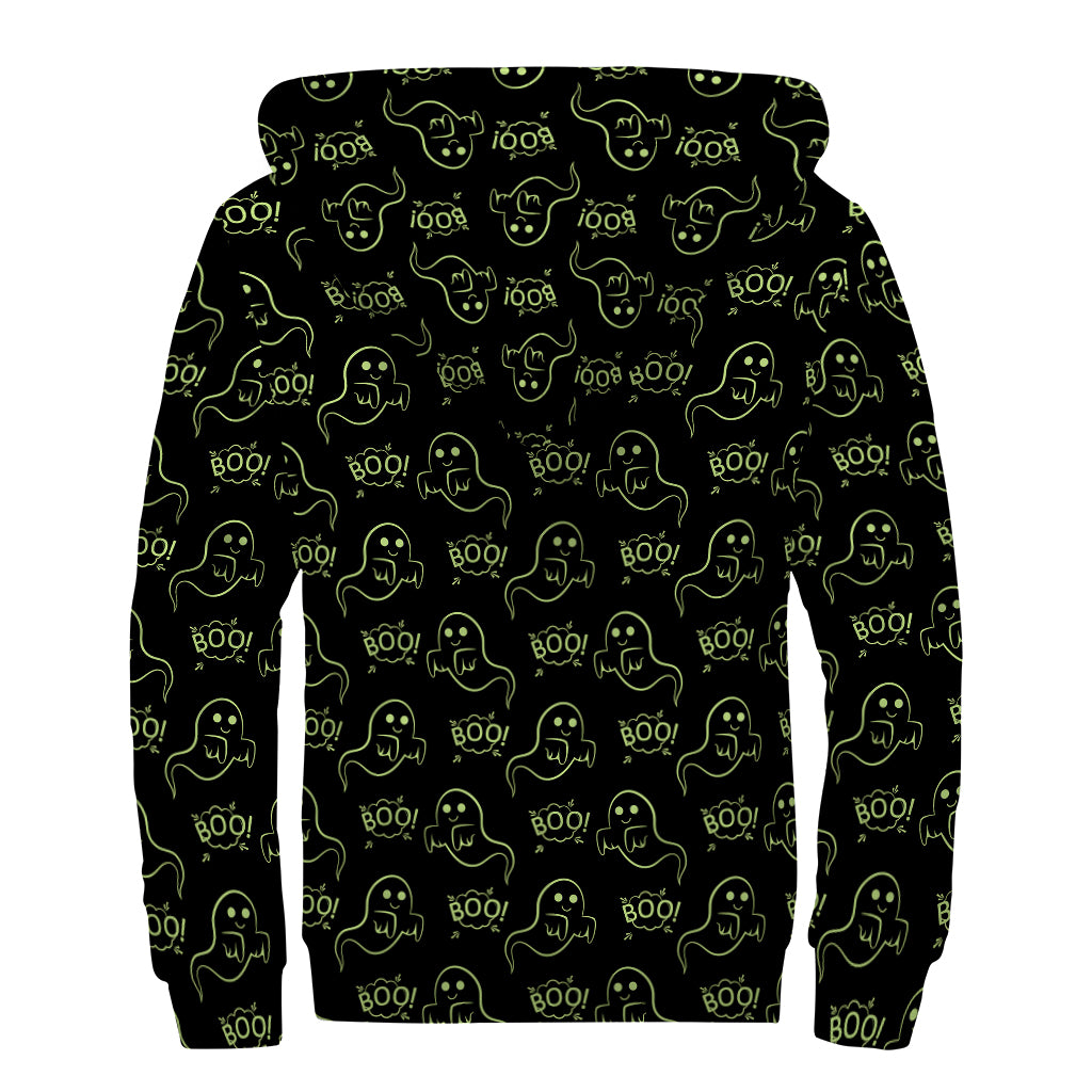 Boo Ghost Pattern Print Sherpa Lined Zip Up Hoodie