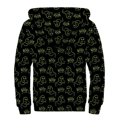Boo Ghost Pattern Print Sherpa Lined Zip Up Hoodie