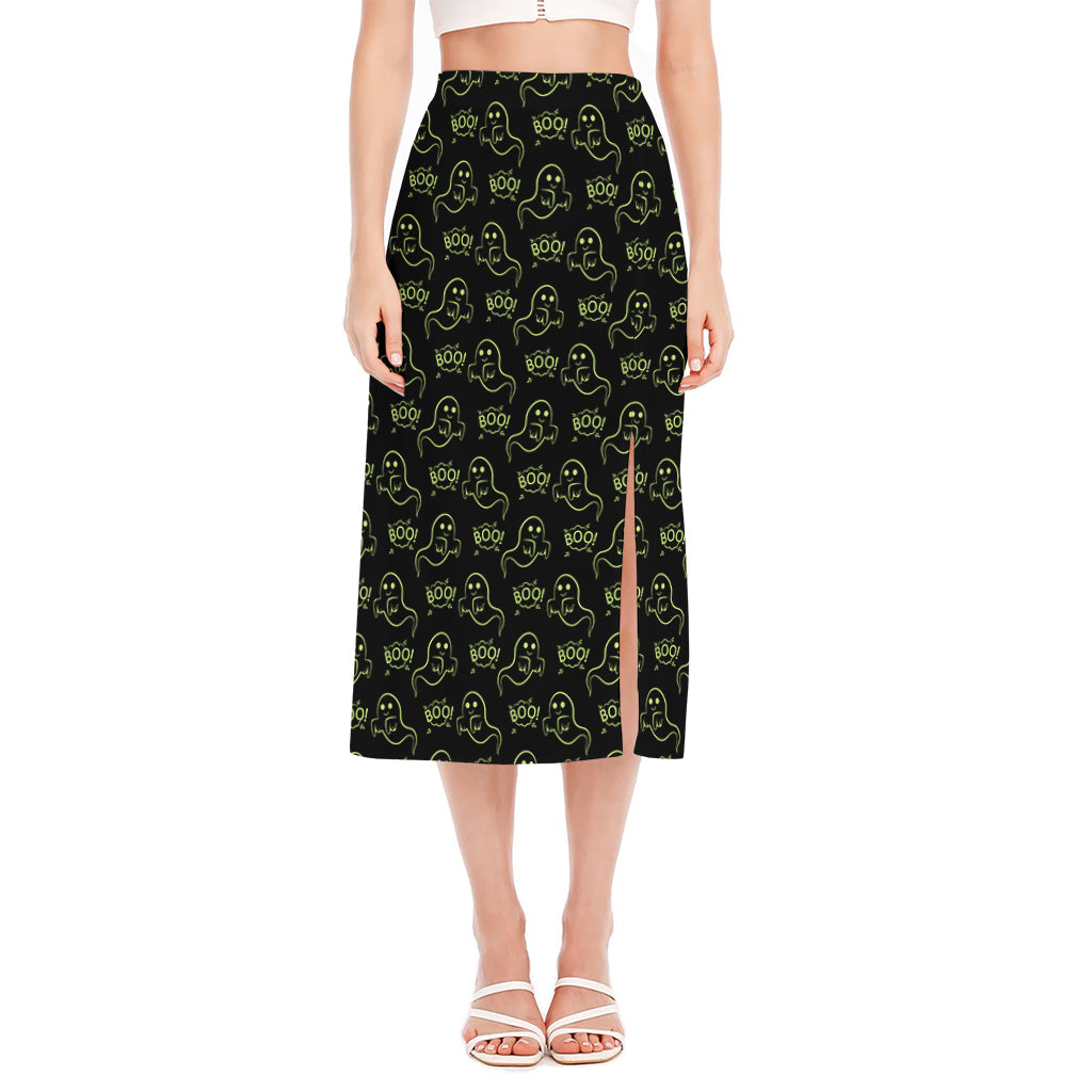 Boo Ghost Pattern Print Side Slit Midi Skirt