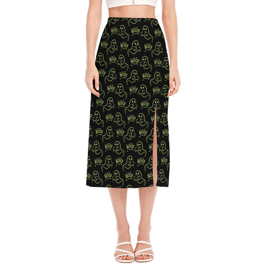 Boo Ghost Pattern Print Side Slit Midi Skirt