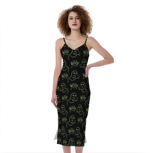 Boo Ghost Pattern Print Slim Fit Midi Cami Dress