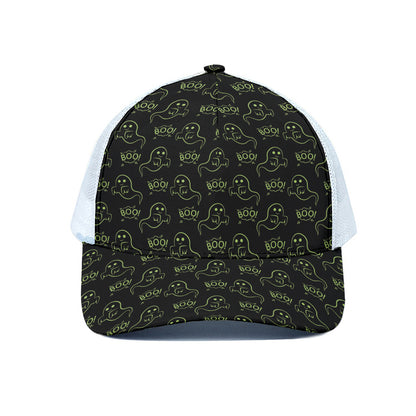 Boo Ghost Pattern Print White Mesh Trucker Cap