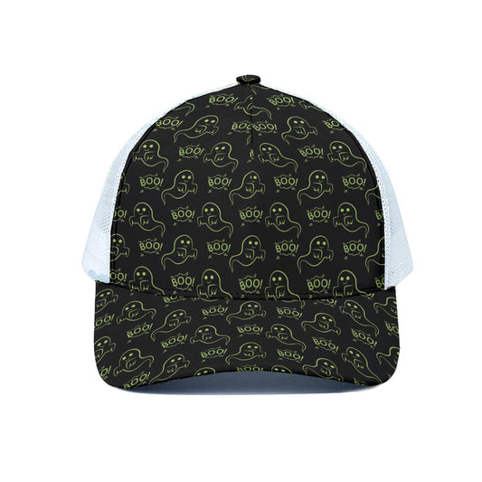 Boo Ghost Pattern Print White Mesh Trucker Cap
