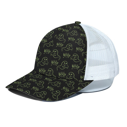 Boo Ghost Pattern Print White Mesh Trucker Cap
