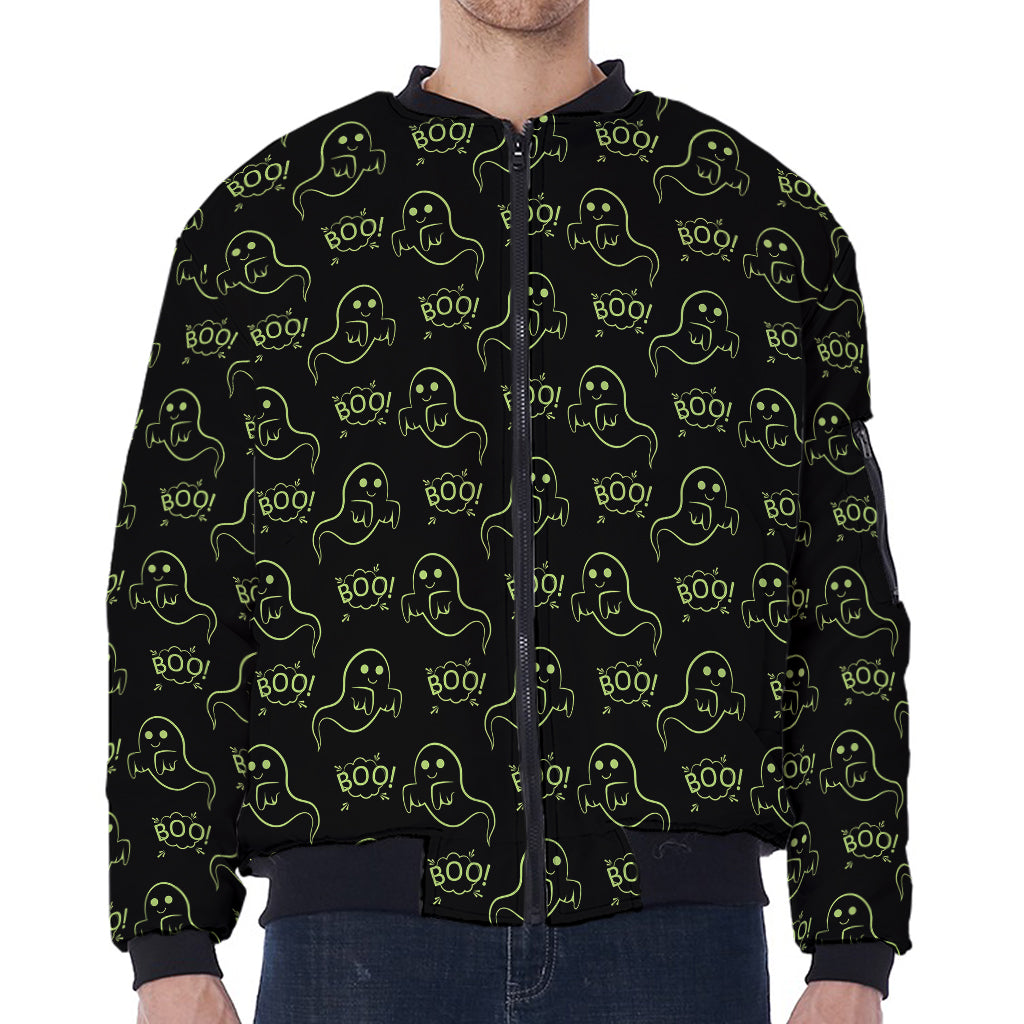 Boo Ghost Pattern Print Zip Sleeve Bomber Jacket