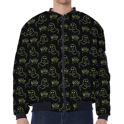 Boo Ghost Pattern Print Zip Sleeve Bomber Jacket