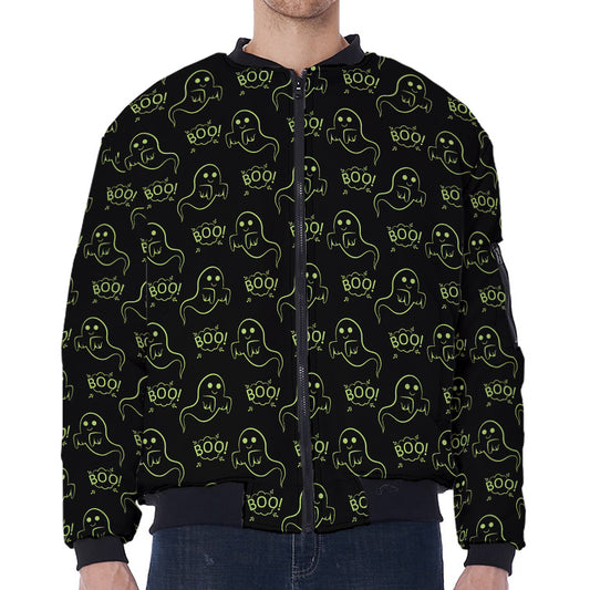 Boo Ghost Pattern Print Zip Sleeve Bomber Jacket