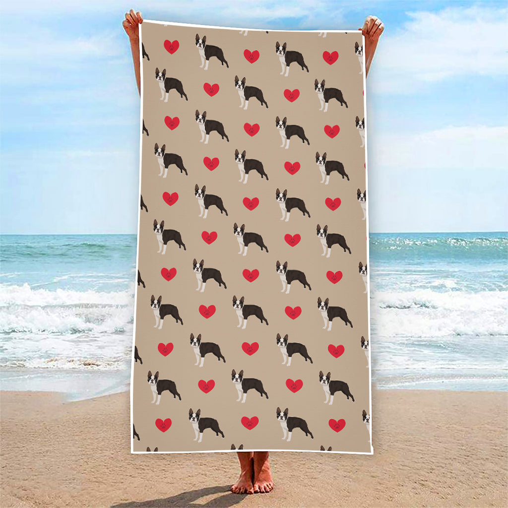 Boston Terrier Heart Pattern Print Beach Towel