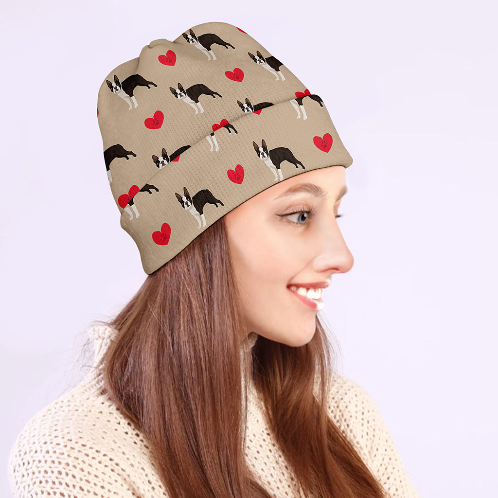 Boston Terrier Heart Pattern Print Beanie