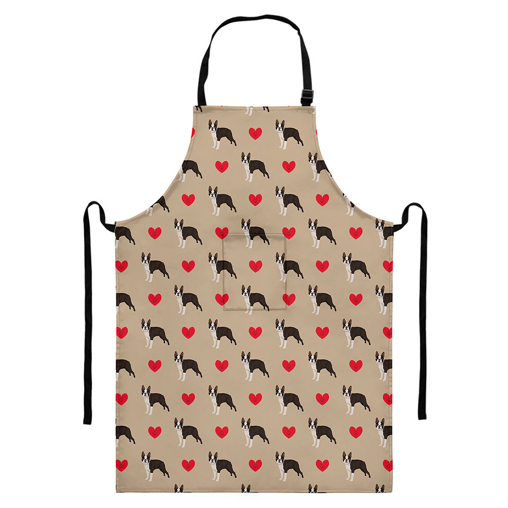 Boston Terrier Heart Pattern Print Bib Apron With Pocket
