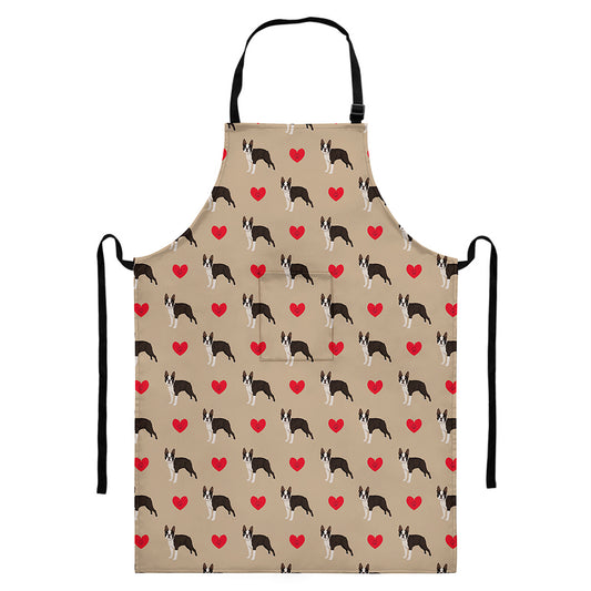 Boston Terrier Heart Pattern Print Bib Apron With Pocket