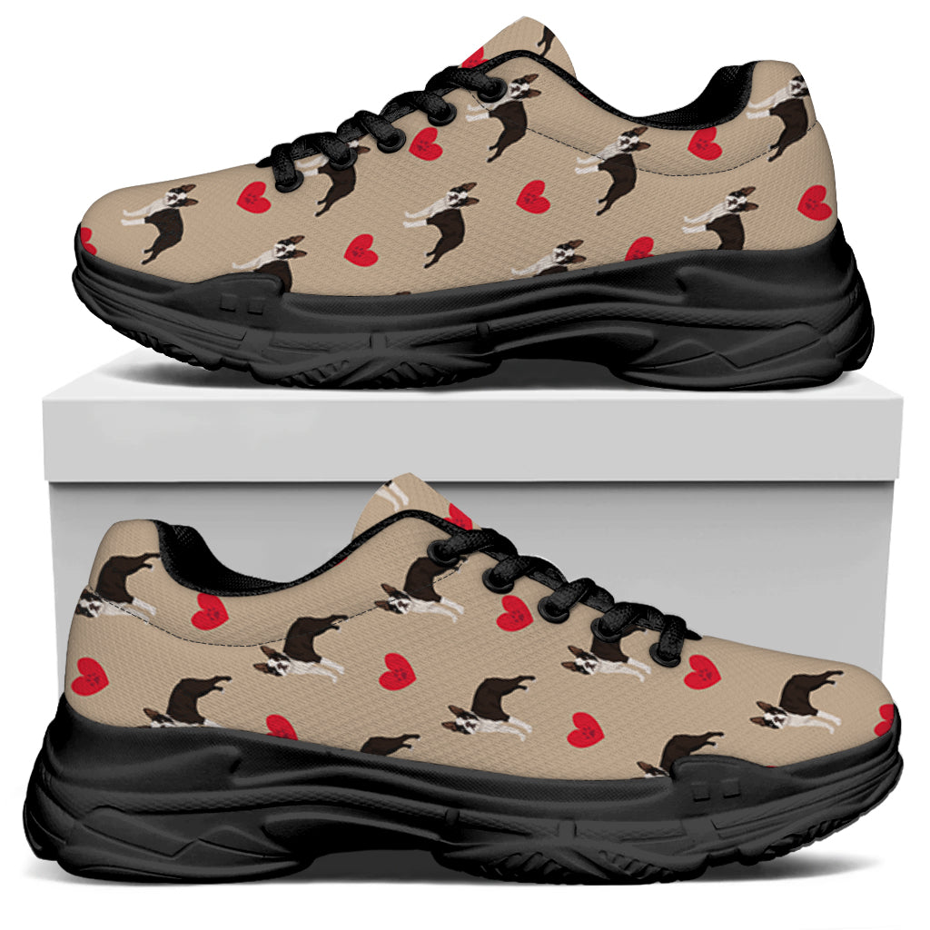 Boston Terrier Heart Pattern Print Black Chunky Shoes