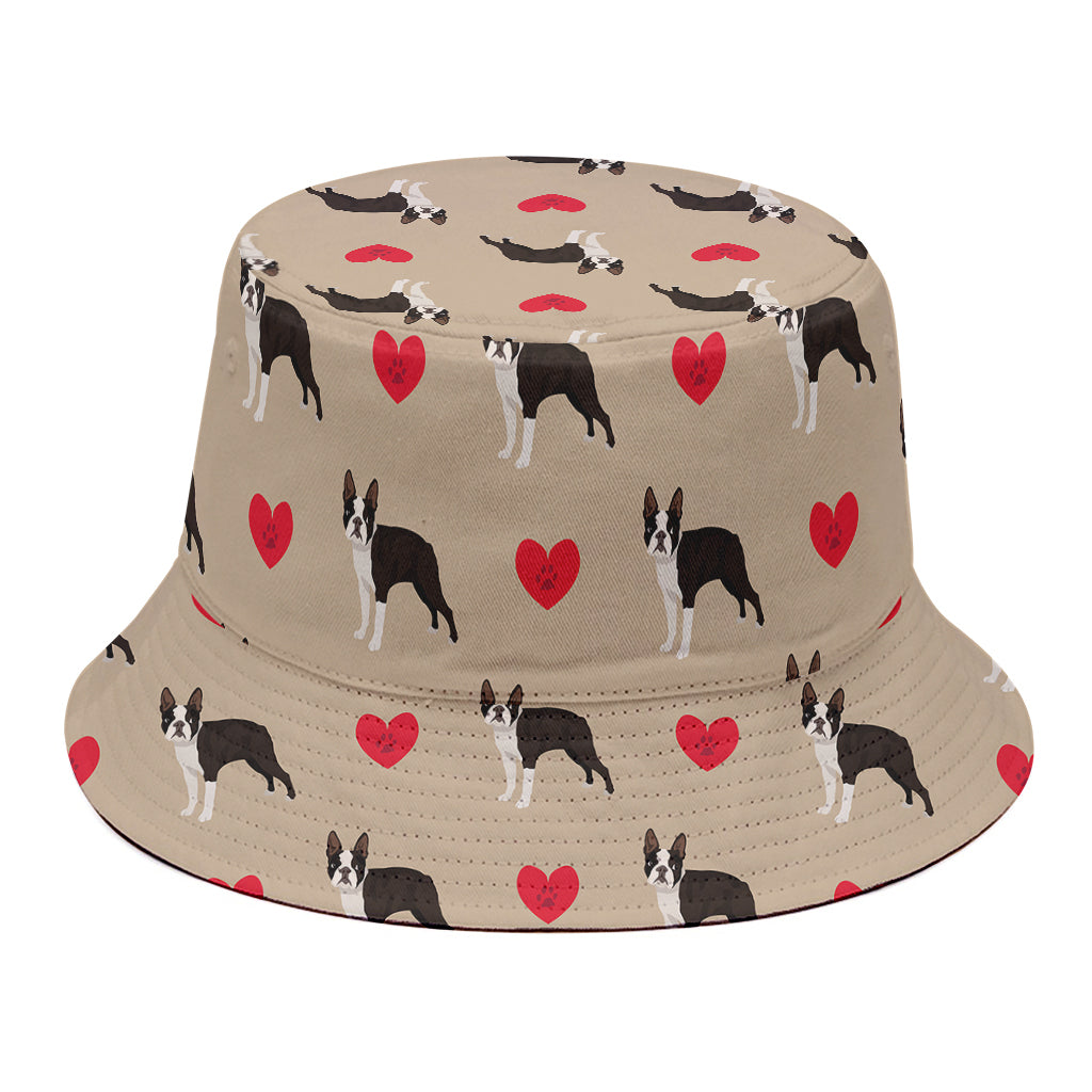 Boston Terrier Heart Pattern Print Bucket Hat