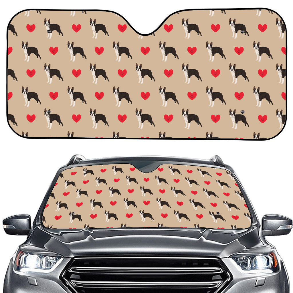 Boston Terrier Heart Pattern Print Car Windshield Sun Shade