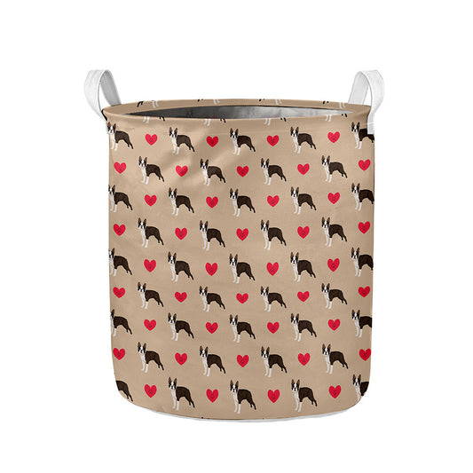 Boston Terrier Heart Pattern Print Collapsible Laundry Basket