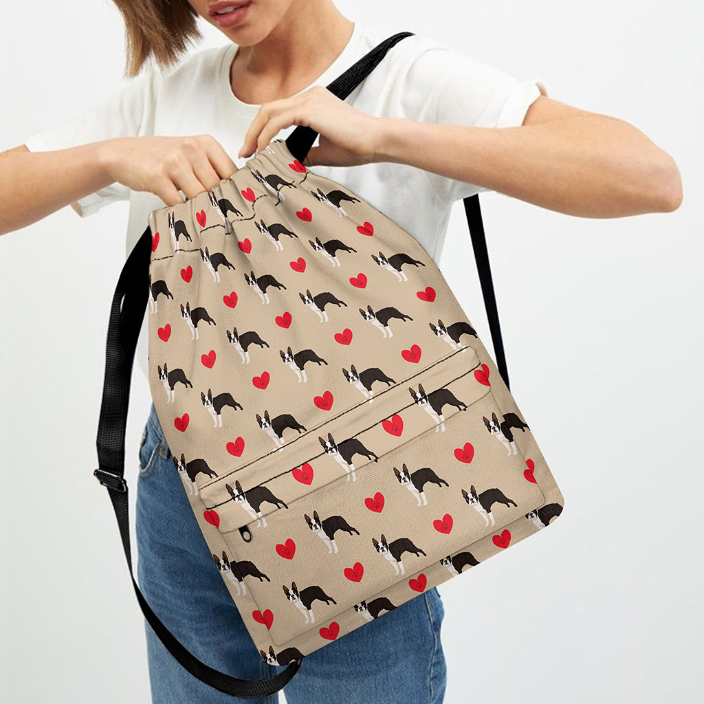 Boston Terrier Heart Pattern Print Drawstring Backpack
