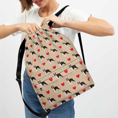 Boston Terrier Heart Pattern Print Drawstring Backpack