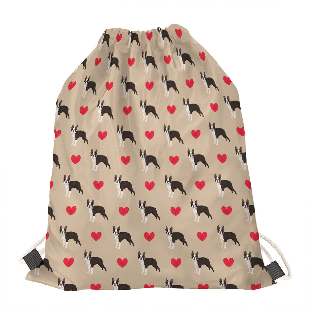 Boston Terrier Heart Pattern Print Drawstring Bag