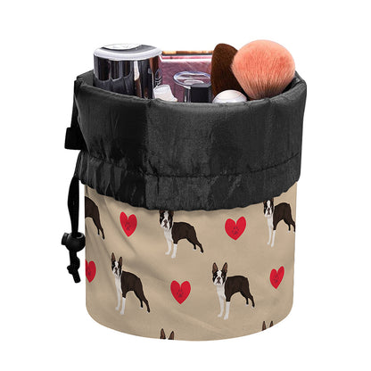 Boston Terrier Heart Pattern Print Drawstring Makeup Bag