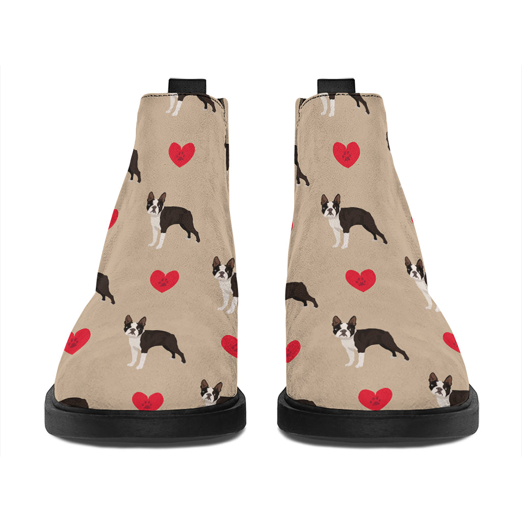 Boston Terrier Heart Pattern Print Flat Ankle Boots