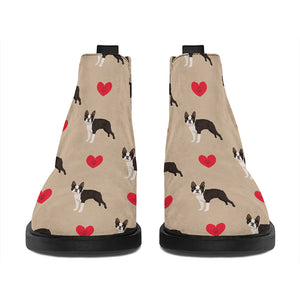 Boston Terrier Heart Pattern Print Flat Ankle Boots